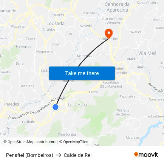 Penafiel (Bombeiros) to Caíde de Rei map