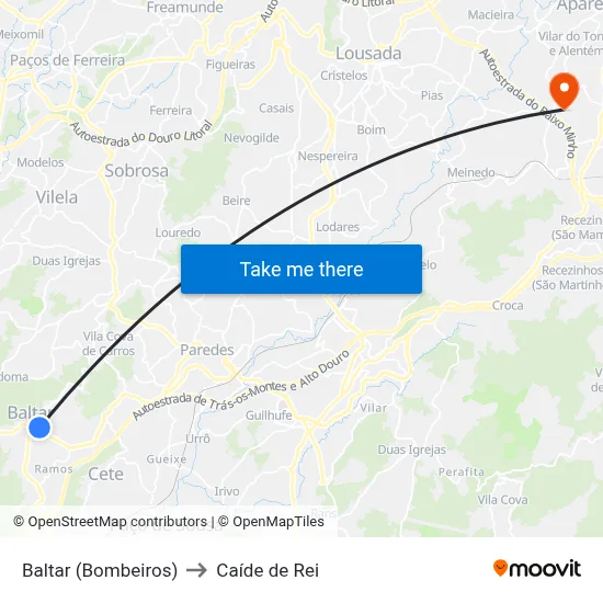Baltar (Bombeiros) to Caíde de Rei map