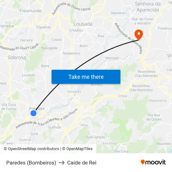 Paredes (Bombeiros) to Caíde de Rei map