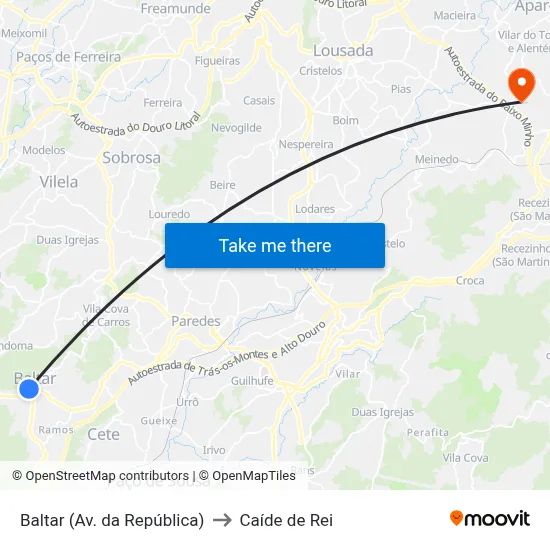 Baltar (Av. da República) to Caíde de Rei map