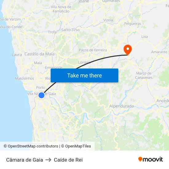 Câmara de Gaia to Caíde de Rei map