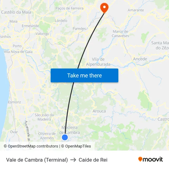 Vale de Cambra (Terminal) to Caíde de Rei map