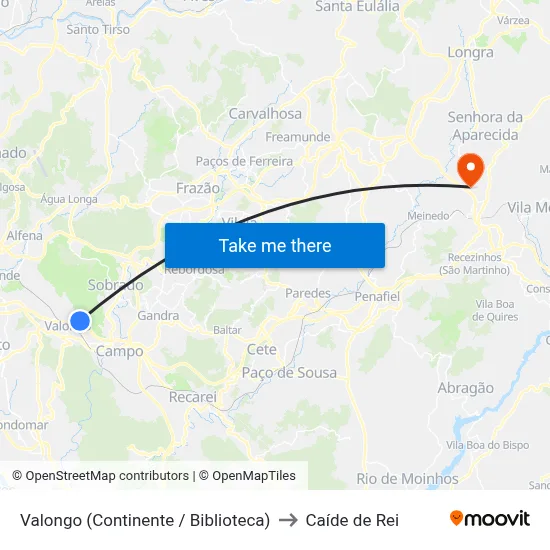 Valongo (Continente / Biblioteca) to Caíde de Rei map