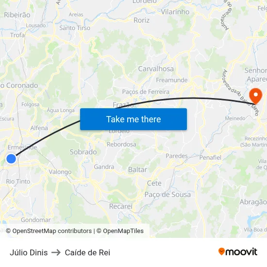 Júlio Dinis to Caíde de Rei map