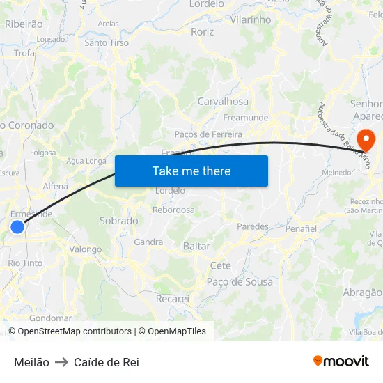 Meilão to Caíde de Rei map