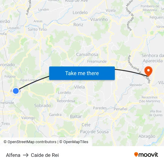 Alfena to Caíde de Rei map