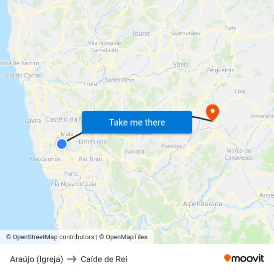 Araújo (Igreja) to Caíde de Rei map
