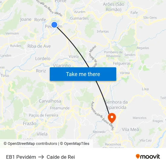 EB1 Pevidém to Caíde de Rei map
