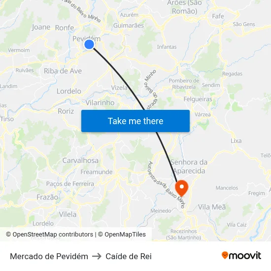 Mercado de Pevidém to Caíde de Rei map