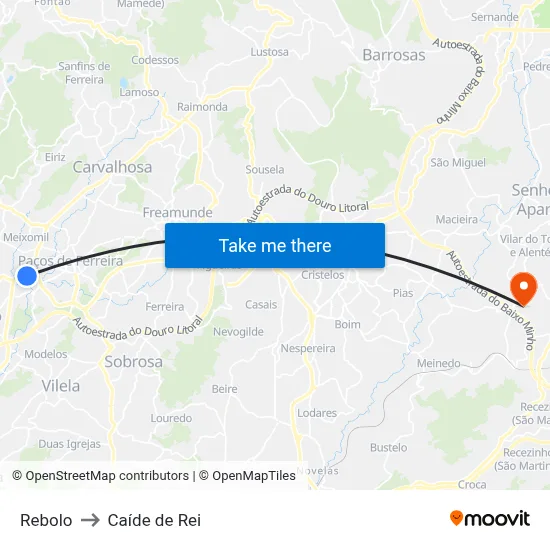 Rebolo to Caíde de Rei map