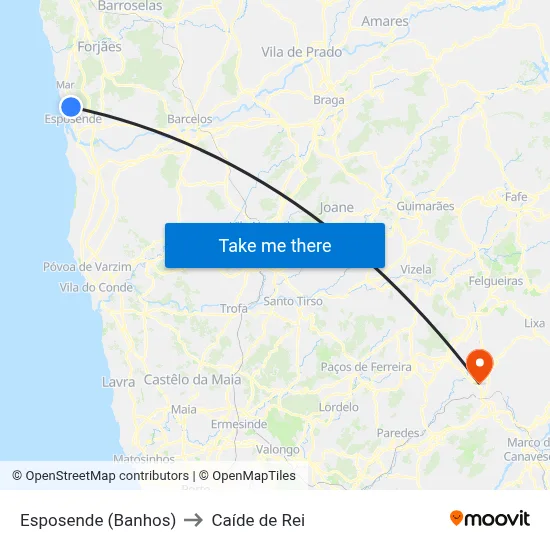 Esposende (Banhos) to Caíde de Rei map
