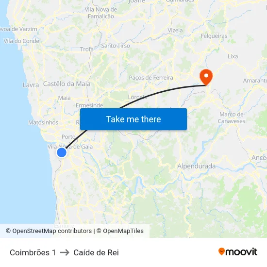 Coimbrões 1 to Caíde de Rei map