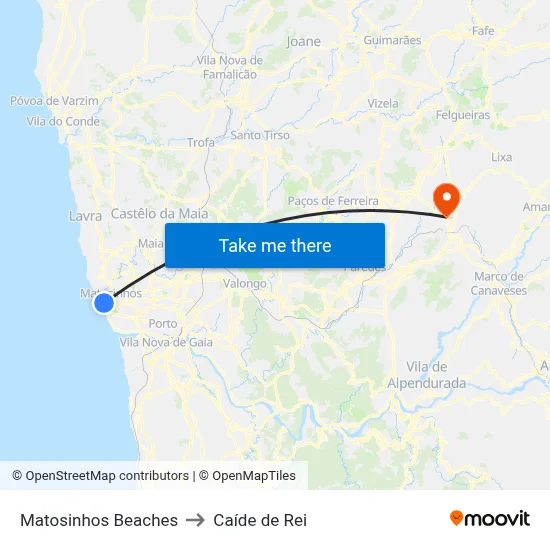 Matosinhos Beaches to Caíde de Rei map