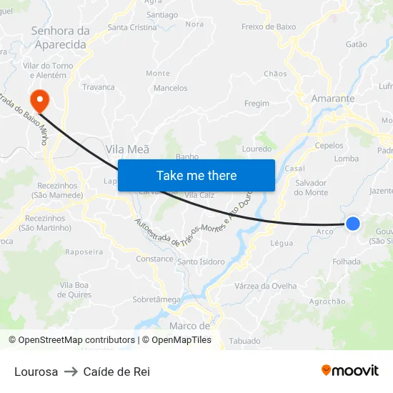 Lourosa to Caíde de Rei map
