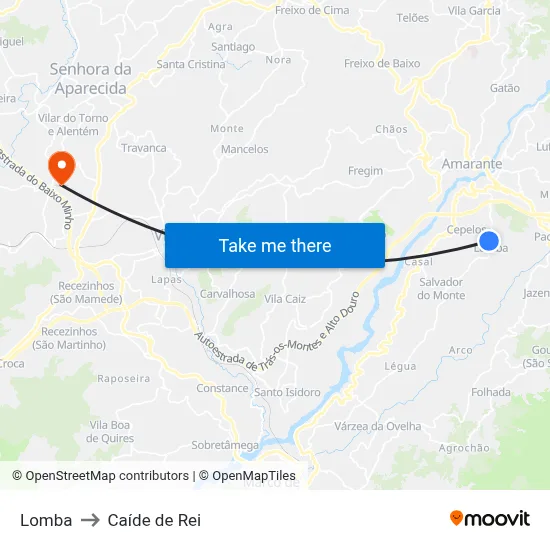 Lomba to Caíde de Rei map