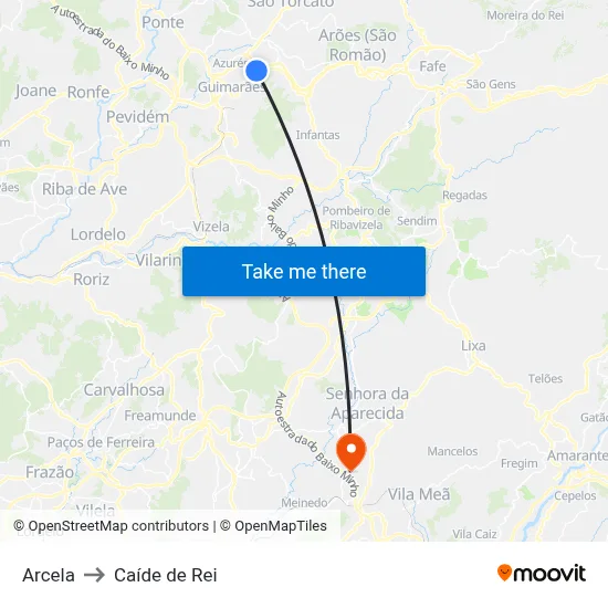 Arcela to Caíde de Rei map