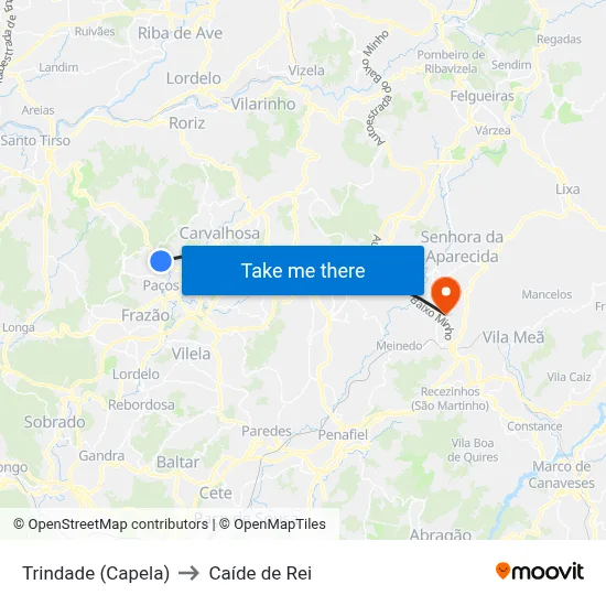 Trindade (Capela) to Caíde de Rei map