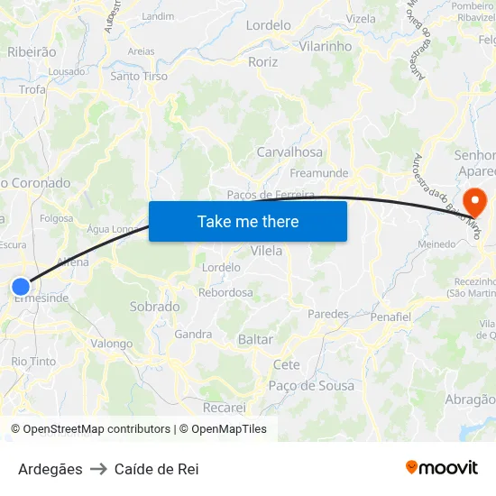 Ardegães to Caíde de Rei map