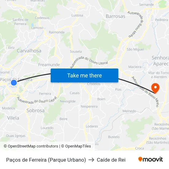 Paços de Ferreira (Parque Urbano) to Caíde de Rei map