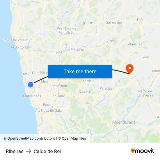 Ribeiras to Caíde de Rei map