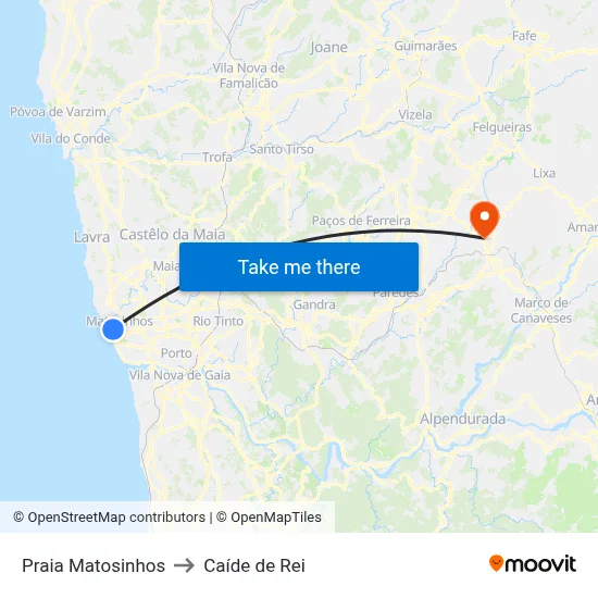 Praia Matosinhos to Caíde de Rei map