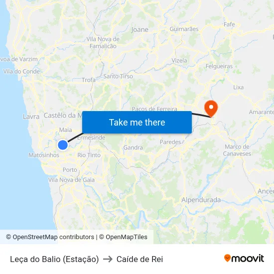 Leça do Balio (Estação) to Caíde de Rei map