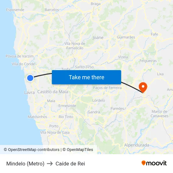 Mindelo (Metro) to Caíde de Rei map
