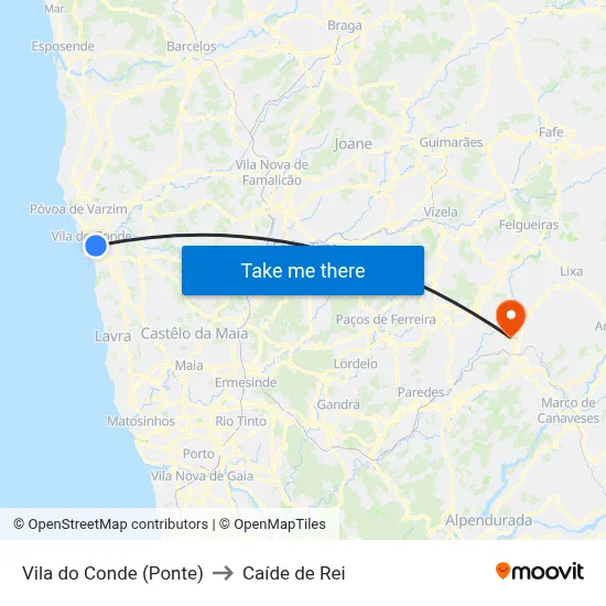 Vila do Conde (Ponte) to Caíde de Rei map