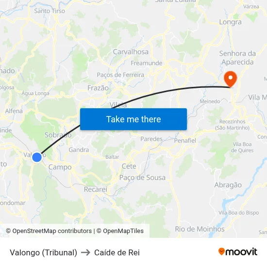 Valongo (Tribunal) to Caíde de Rei map
