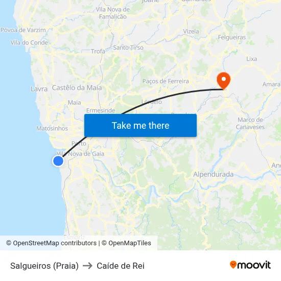 Salgueiros (Praia) to Caíde de Rei map