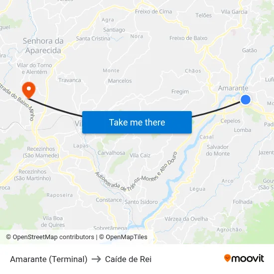 Amarante (Terminal) to Caíde de Rei map