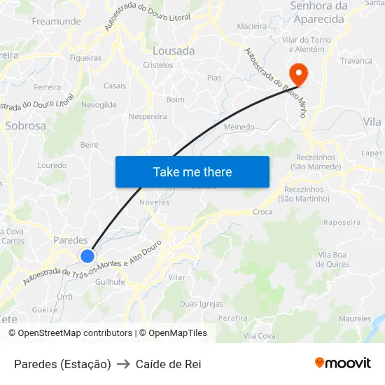 Paredes (Estação) to Caíde de Rei map