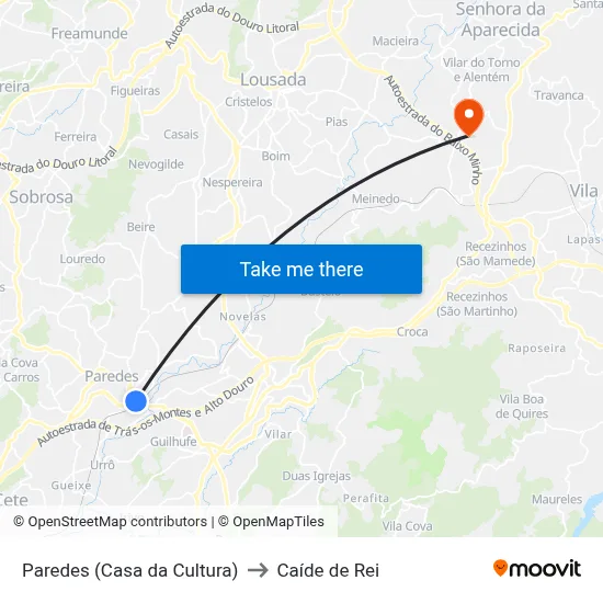 Paredes (Casa da Cultura) to Caíde de Rei map