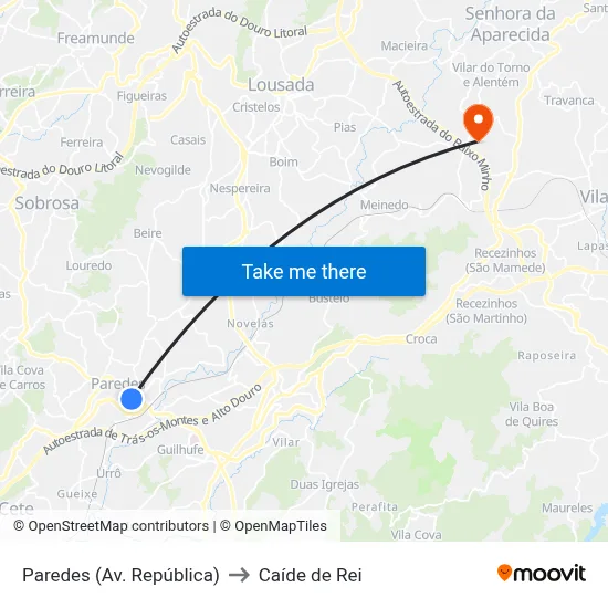Paredes (Av. República) to Caíde de Rei map