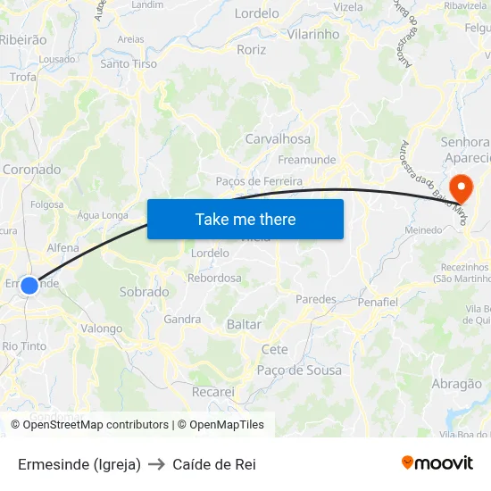 Ermesinde (Igreja) to Caíde de Rei map
