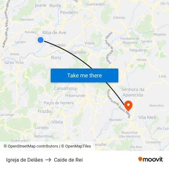 Igreja de Delães to Caíde de Rei map