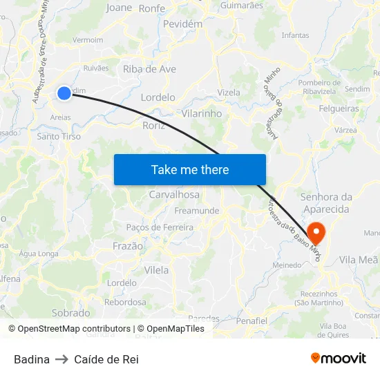 Badina to Caíde de Rei map