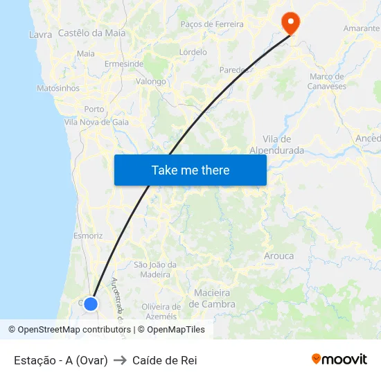 Estação - A (Ovar) to Caíde de Rei map