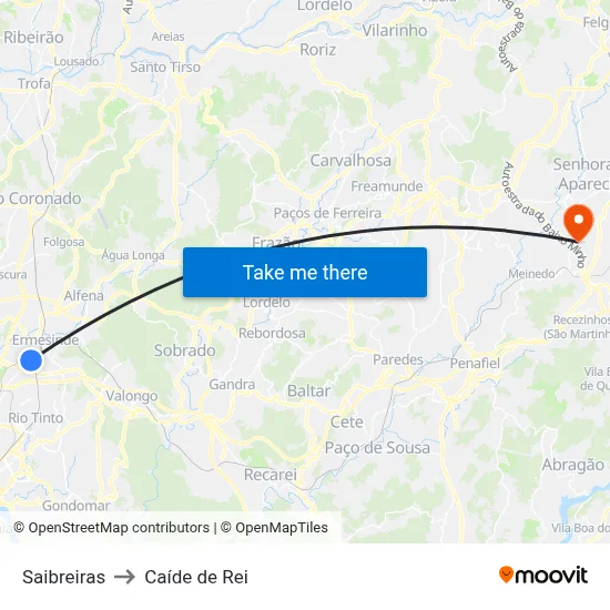 Saibreiras to Caíde de Rei map