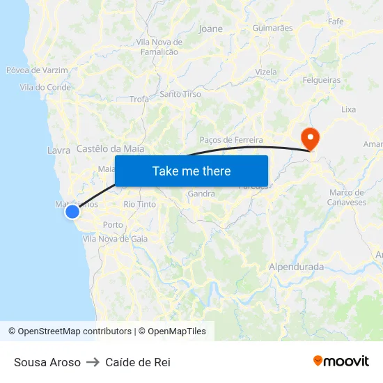 Sousa Aroso to Caíde de Rei map