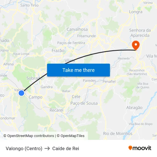 Valongo (Centro) to Caíde de Rei map