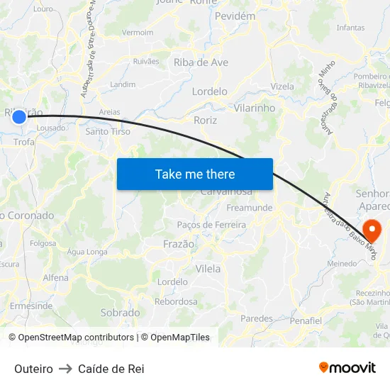 Outeiro to Caíde de Rei map