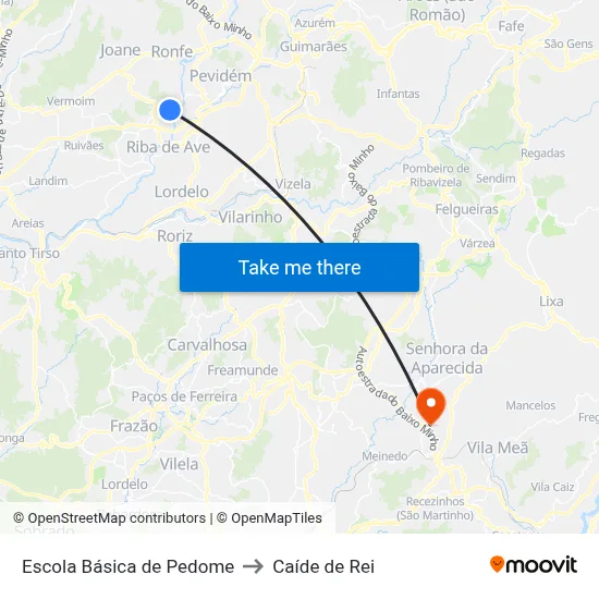 Escola Básica de Pedome to Caíde de Rei map