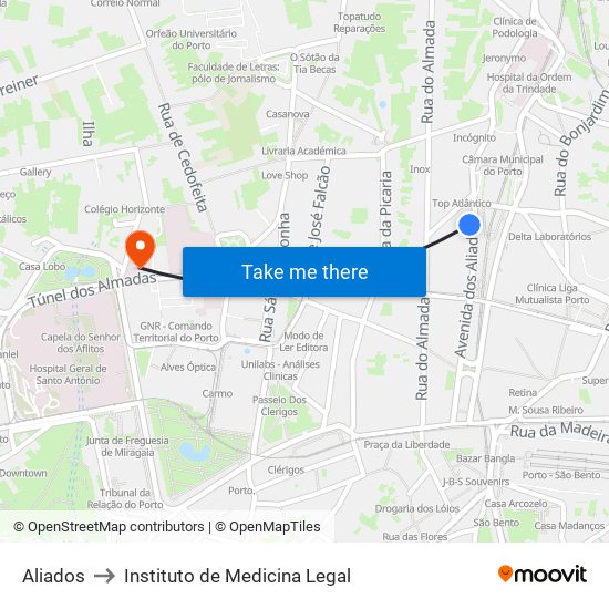 Aliados to Instituto de Medicina Legal map