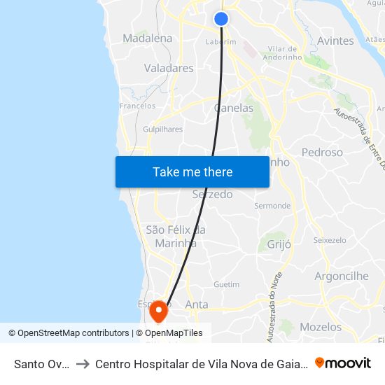 Santo Ovídio to Centro Hospitalar de Vila Nova de Gaia / Espinho map