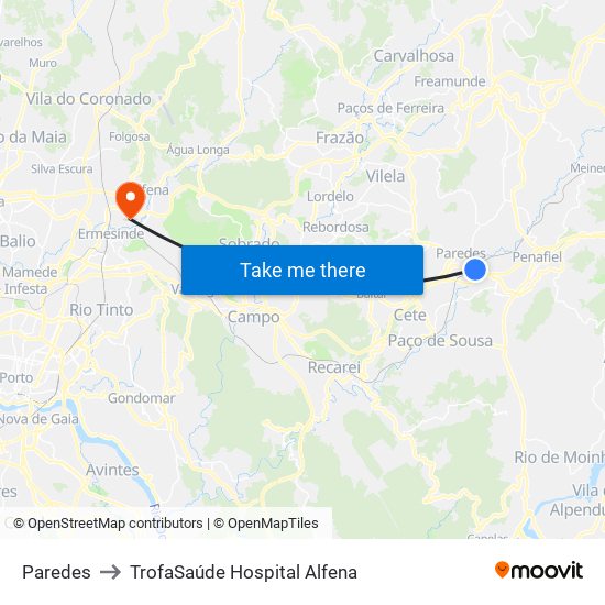 Paredes to TrofaSaúde Hospital Alfena map