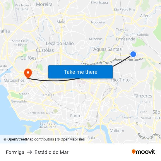 Formiga to Estádio do Mar map