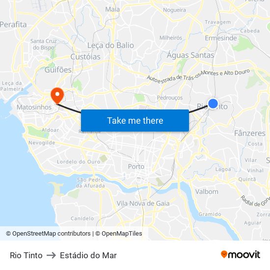 Rio Tinto to Estádio do Mar map