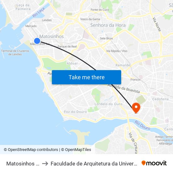 Matosinhos (Praia) to Faculdade de Arquitetura da Universidade do Porto map
