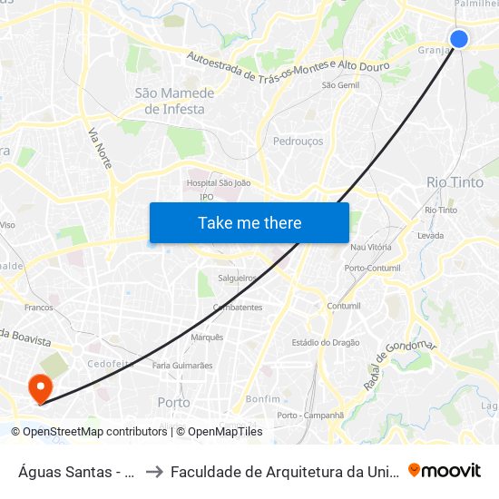 Águas Santas - Palmilheira to Faculdade de Arquitetura da Universidade do Porto map